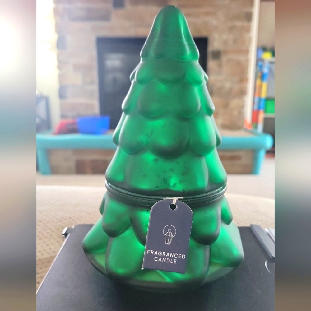 New 7.6 oz Frosted green Mercury Glass Tree Candle Cinnamon Dust SDS for HD Desi